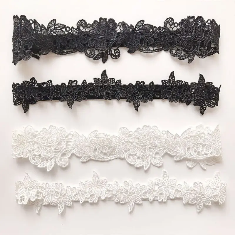 

2Pcs/Set Women Wedding Bridal Leg Garters Solid Color Black/White Lace Flower Hollow Out Embroidered Stretchy Thigh Rings