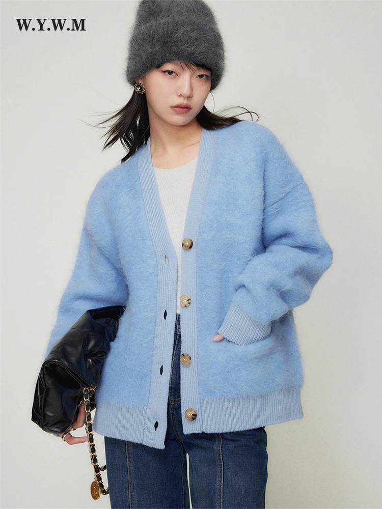 

WYWM Elegant Loose Knitted Cardigans Women 2023 Autumn Warm V-neck Long Sleeve Solid Sweater Simple Soft All-match Female Jumper