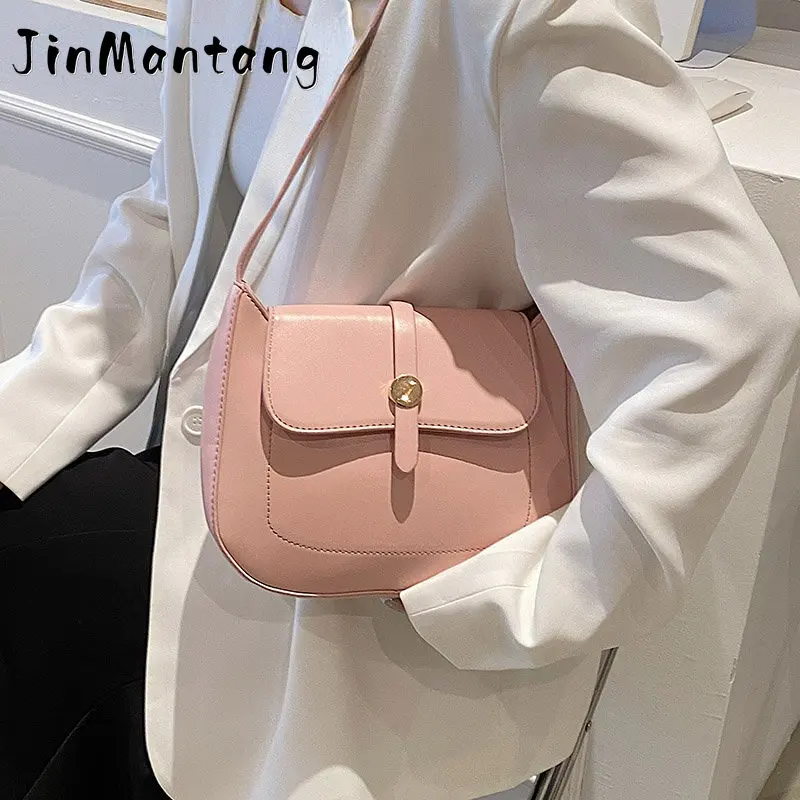 

Jin Mantang PU Leather Flap Crossbody Bags for Women 2023 Spring Fashion Designer Lady Simple New In Solid Pink Handbags