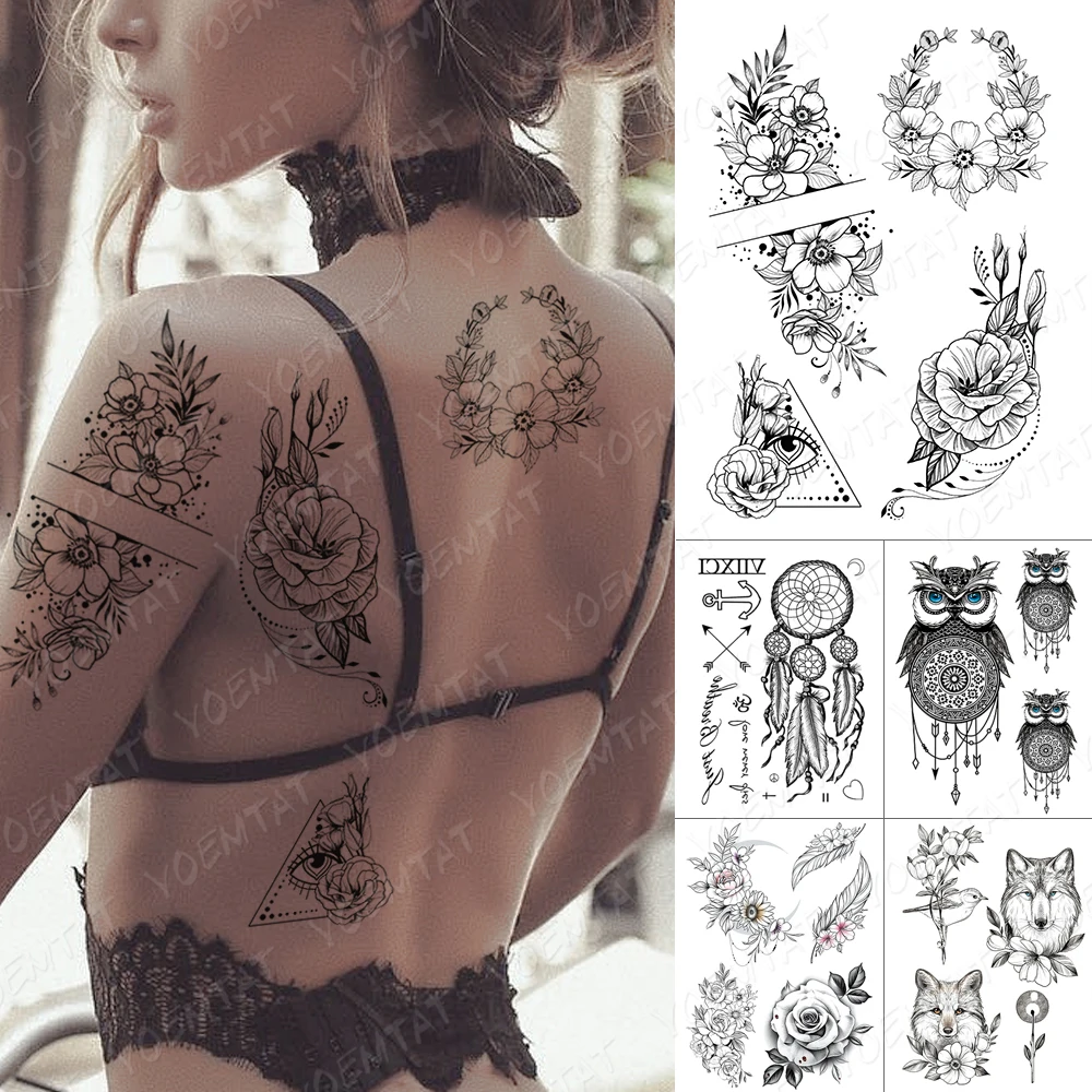 

Waterproof Temporary Tattoo Stickers Rose Flower Sun Flower Feather Owl Fox Flash Body Art Fake Tato Men Women Transfer Tattoos