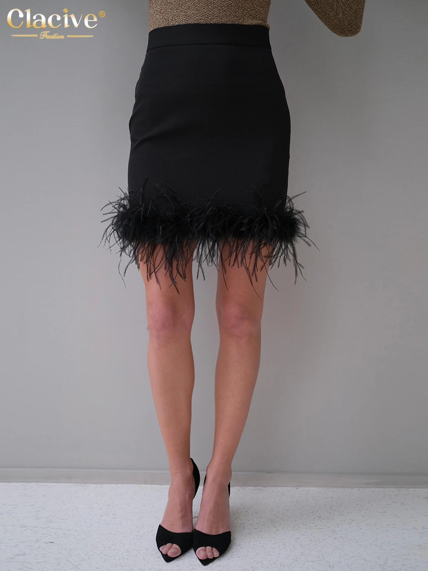 

Clacive Bodycon Black Women'S Skirt 2023 Fashion Slim High Waist Mini Skirts Elegant Feathers Spliced Faldas Female Clothing