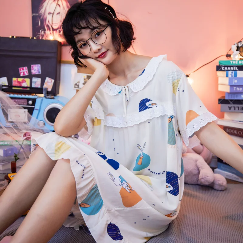 Summer Casual Loose Ruffle Long Nightgown Women 2021 Print Sexy Sleepdress Cartoon Lace Homewear Short Sleeve O-neck Sleepshirts