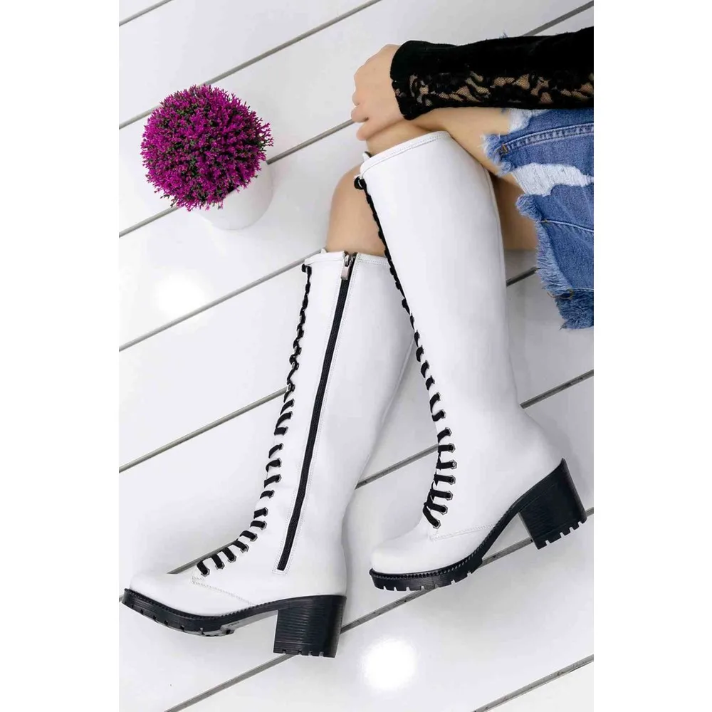 

Dorlie Women White Skin Hand Laced With Zipper Leather Looking Boot KZ1815