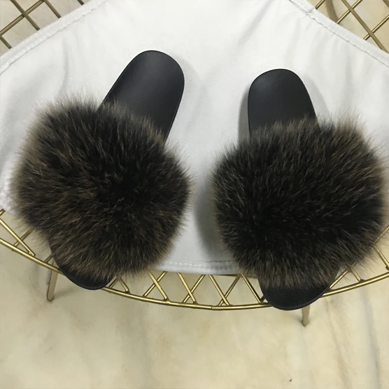 Summer Fluffy Fox Fur Slides For Women Designer Luxury Cute Plush Real Fur Slippers Female Furry Sandals Home Flats Wholesale