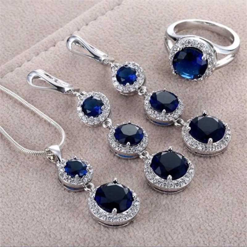 

Ring Earrings Necklace Pendant 3 Piece Set Blue Crystal Round Zircon Shining Jewelry Bridal Wedding Accessories Wholesale