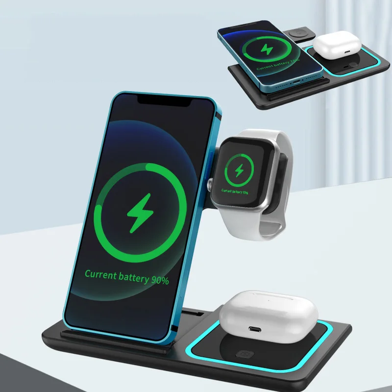 

3 in 115W Qi Wireless Charger Stand For iPhone 11 12 Apple Watch 4 in 1 Foldable Charging Dock Station for Airpods Pro iWatch