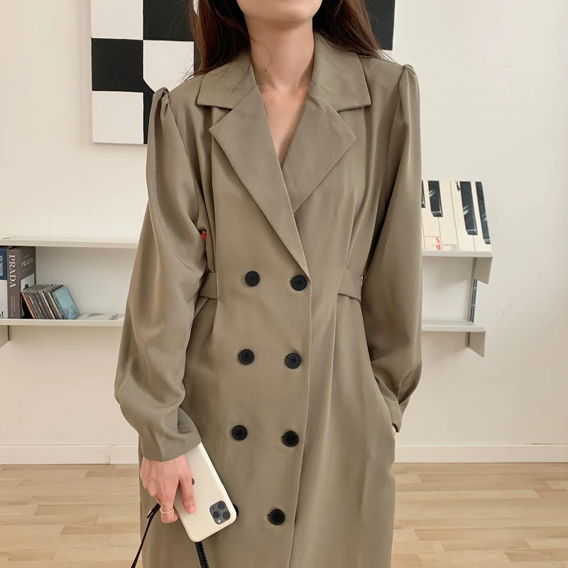 

SuperAen Korean Chic Spring Vintage Lapels Double-breasted High Waist Long Sleeves Suit Dress Woman