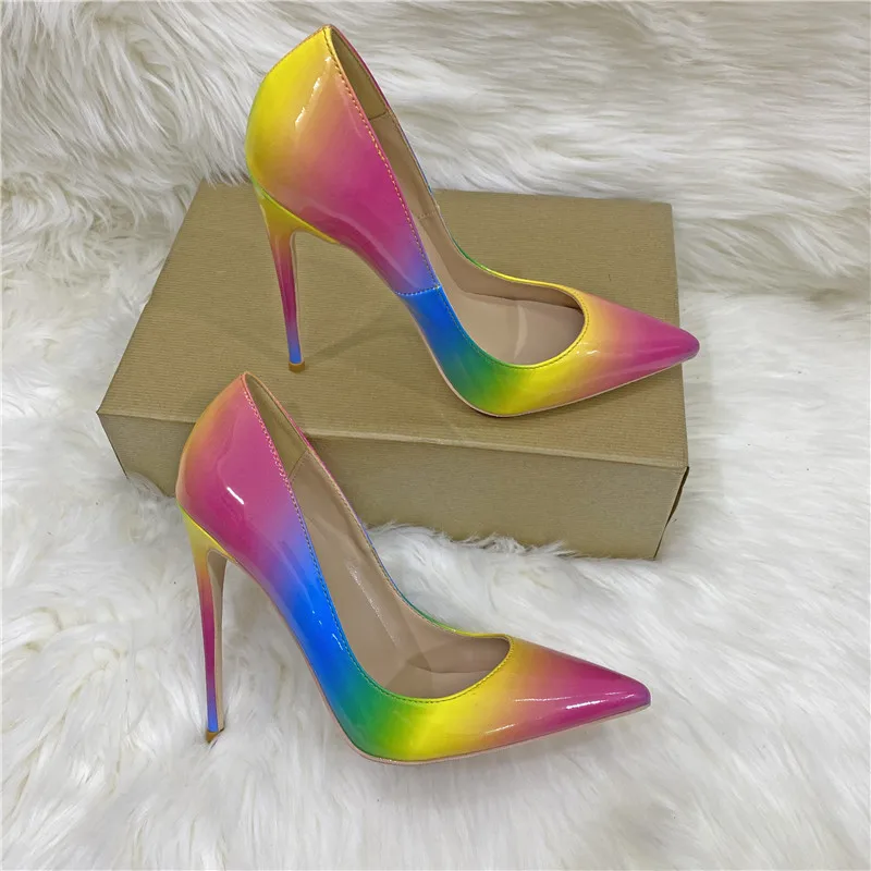 

YUDX Rainbow Colorful Patent Leather Women Sexy Stiletto Extemely High Heels Ladies Fashion Pointed Toe Pumps Party Shoes