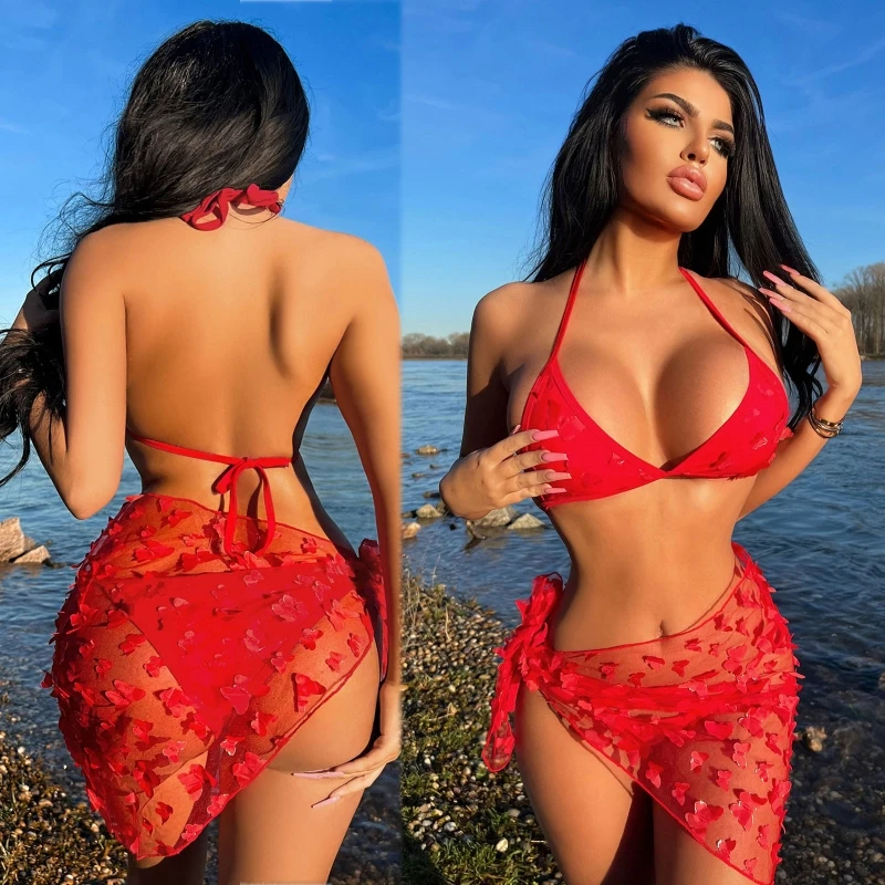 

Three-pieces Female Bikini with Cover-ups Knotted Sexy Bathing Suit Solid Color Beachwear Popular Split Strappy Swimwear