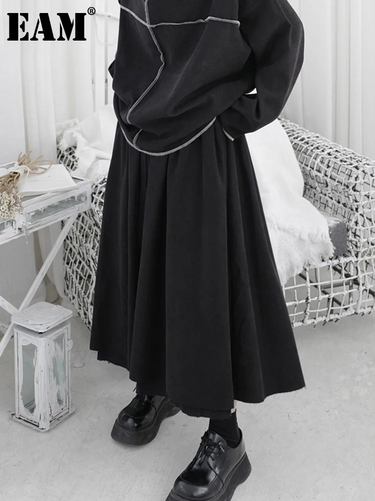 

[EAM] High Elastic Waist Black Double Layers Burr Long Half-body Skirt Women Fashion Tide New Spring Autumn 2022 1DD7036