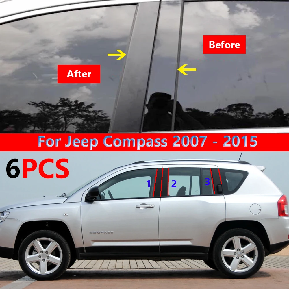 

6Pcs Polished Pillar Posts for Jeep Compass 2007-2015 Accessories Window Trim Cover BC Column Sticker Chromium Styling