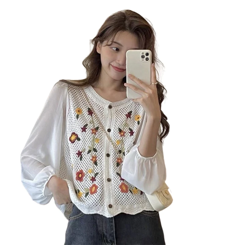 

Women Spring Long Sleeve Crop Cardigan Hollow Out Crochet Knit Embroidery Floral V-Neck Button Down Wave Sweater Jacket