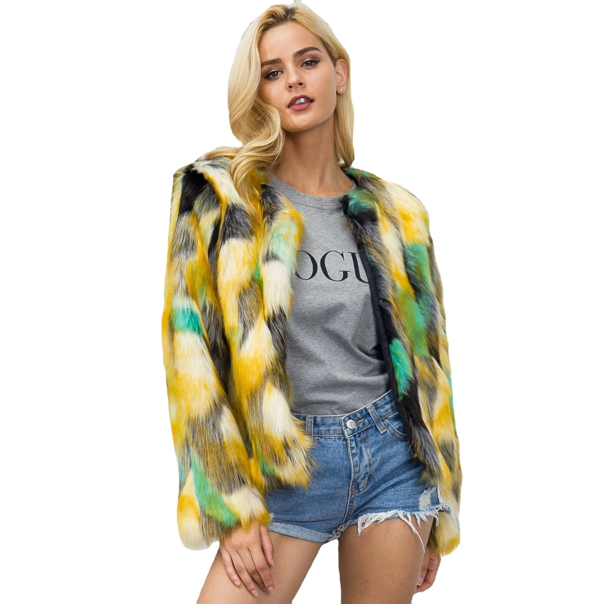 Women's Leather Fur Coat Colorful Gradient Imitation Fur Short Jacket Female Faux Fur Coat