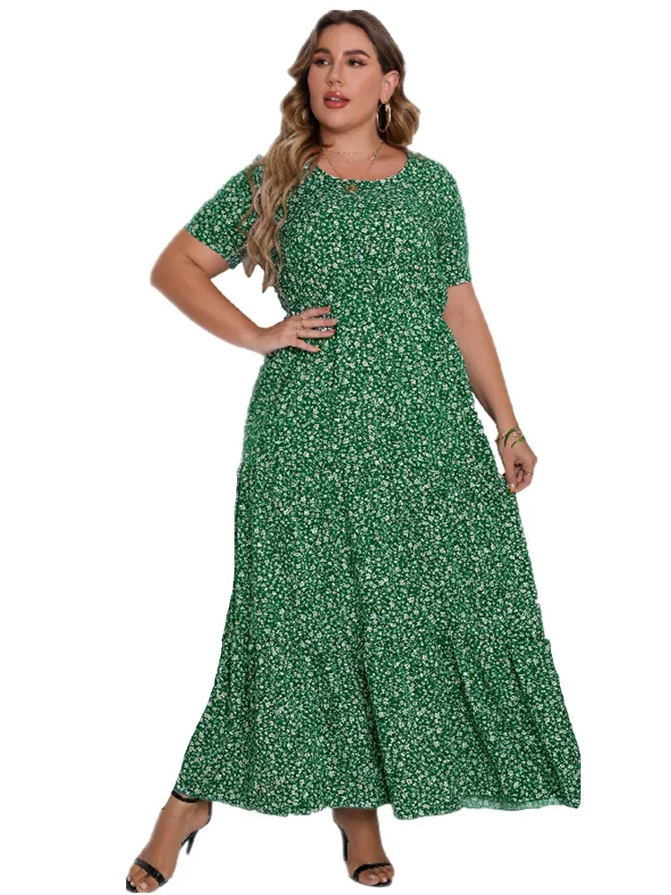 

5XL Plus Size Long Dress Women Ruffle Patchwork High Waist Robes Summer New Floral Print Loose Street Style Casual Maxi Dresses