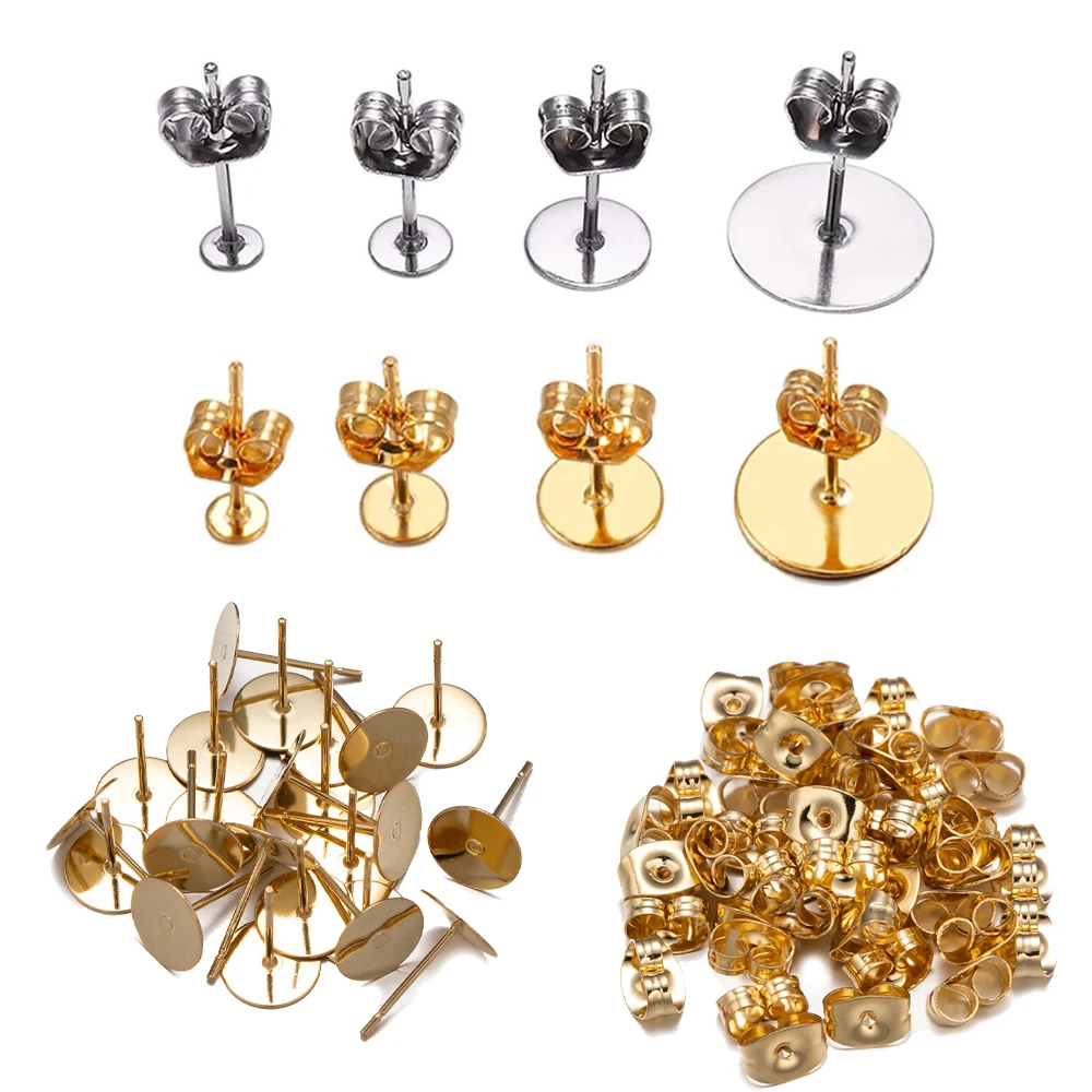 Пустая основа для сережек-гвоздиков из нержавеющей стали золотистого цвета, аксессуары для кабошона, камеи, застежки для сережек-бабочек, сделай сам, Набор для изготовления украшений, 100
