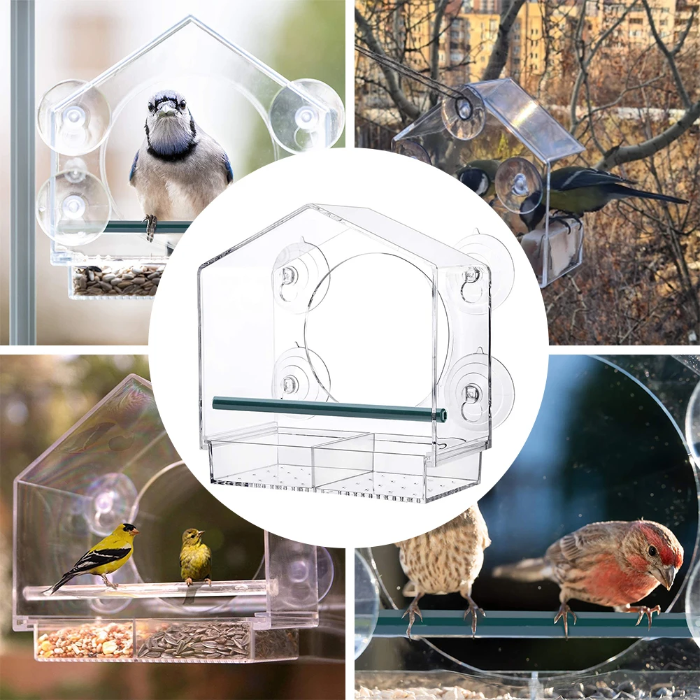 

Clear Acrylic Bird Feeder Window Mount with Powerful Suction Cup Seed Tray Outdoor Bird Feeder for Finch Cardinal Bluebird