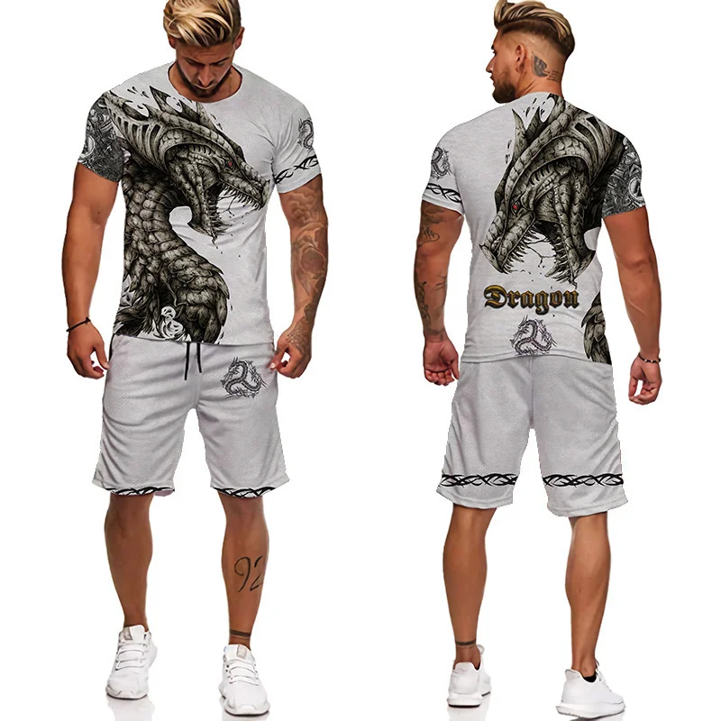 Комплект мужских футболок с 3D-принтом летающего дракона мужской спортивный