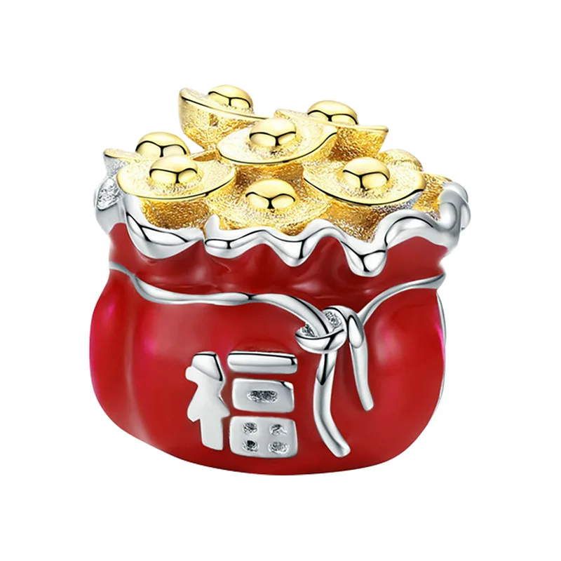 

Fit Original Pan Golden Ingot Charms Bracelet Lucky Bag Beads DIY Bijoux for Women Chinese Character FU Means Blessing Accessory
