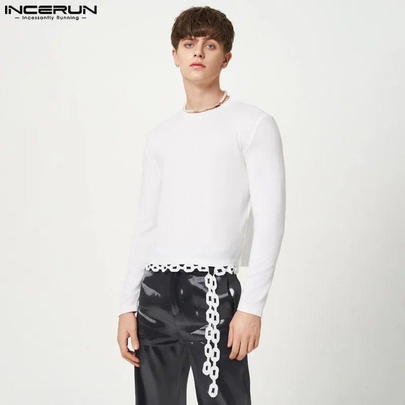 

Стильные Лидер продаж, топы INCERUN, Мужская однотонная тонкая трикотажная Camiseta с круглым вырезом, модная мужская футболка в стиле пэчворк с украшением на подоле, дизайнерские футболки