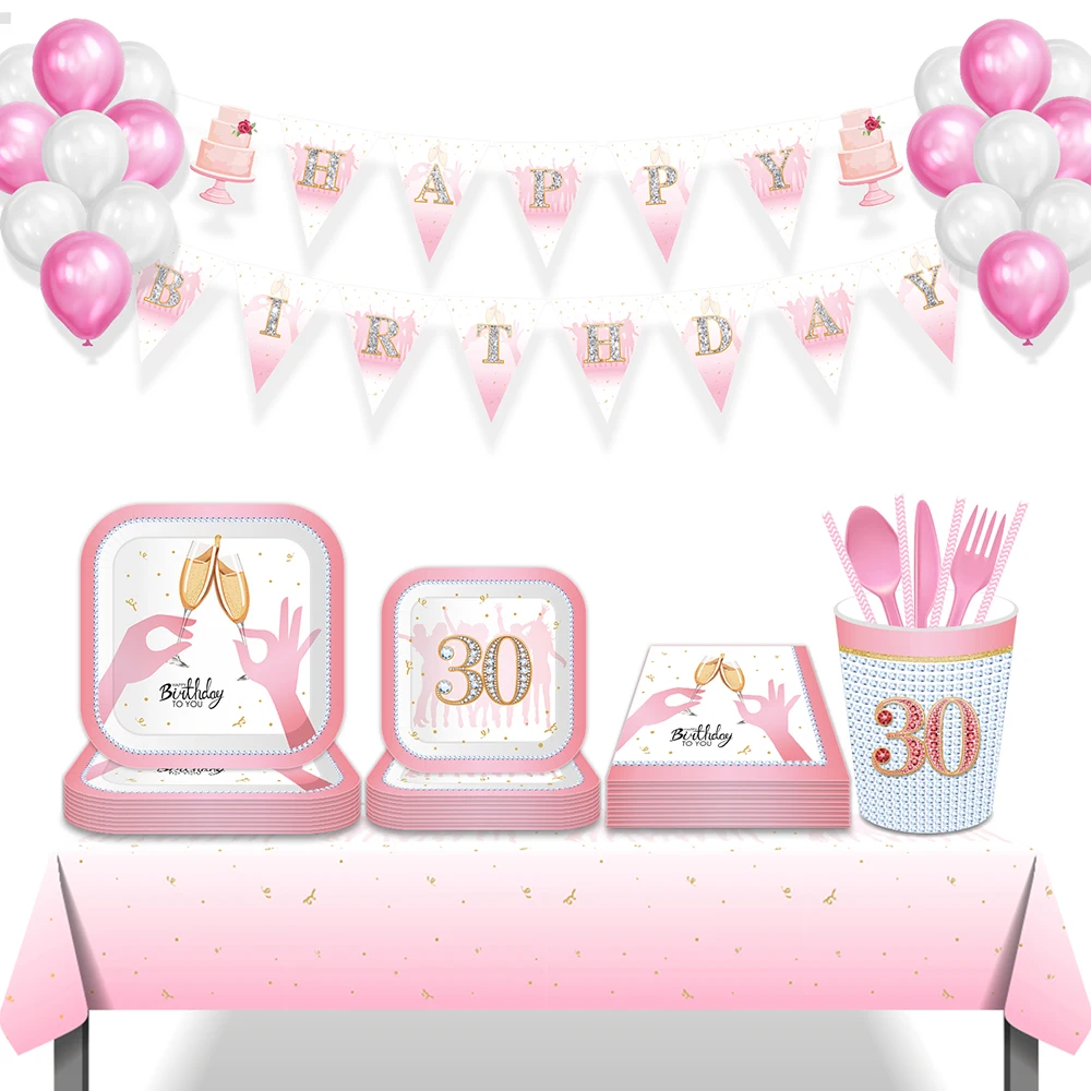 

Pink 30th Birthday Celebrating Cheers Rose Gold Disposable Tableware Sets Diamond Dance Party Plates Cups Wedding Party Supplies