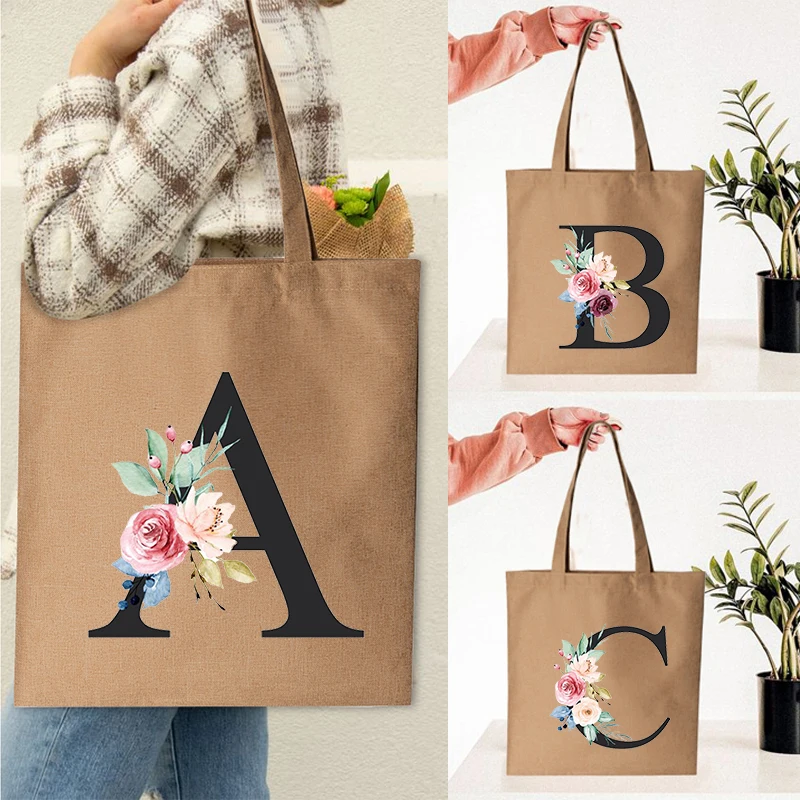 Women Linen Shopping Bag Casual Large-capacity Letter Initial Name Pattern Printed Canvas Shoulder Reusable Tote |