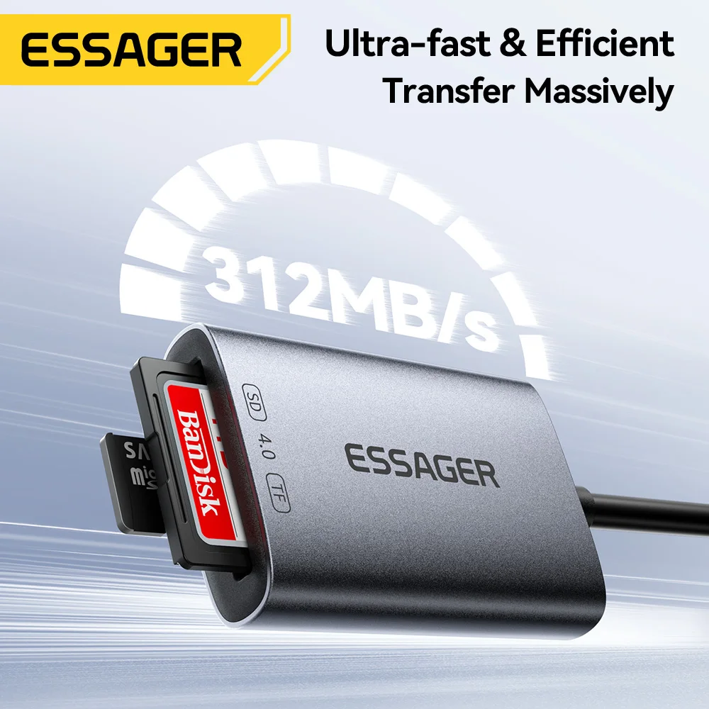 Фото Устройство для чтения карт памяти Essager SD4.0 312 МБ/с, адаптер USB Type-C для карт памяти SD, MicroSD, TF для ноутбуков, ПК, iPhone, Huawei, MacBook, Windows №4