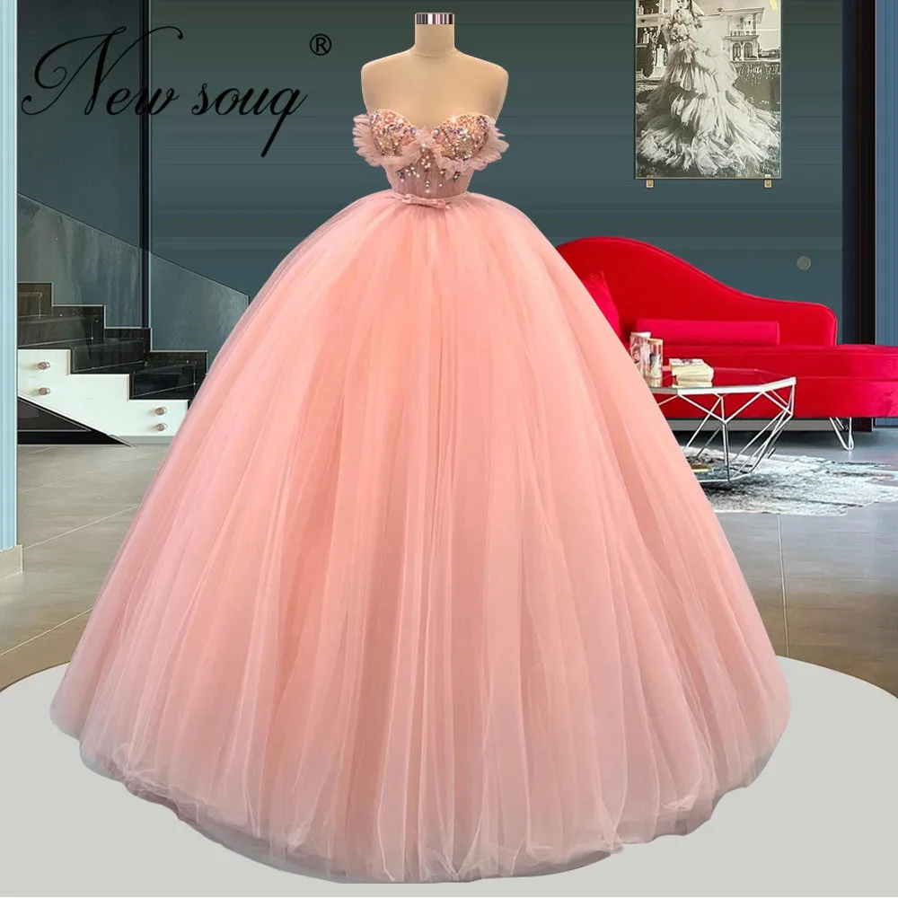 

Elegant Pink Ball Gown Prom Dresses Strapless Beading Pearls Evening Wear Formal Dubai Long Evening Dress Couture 2022 Vestidos