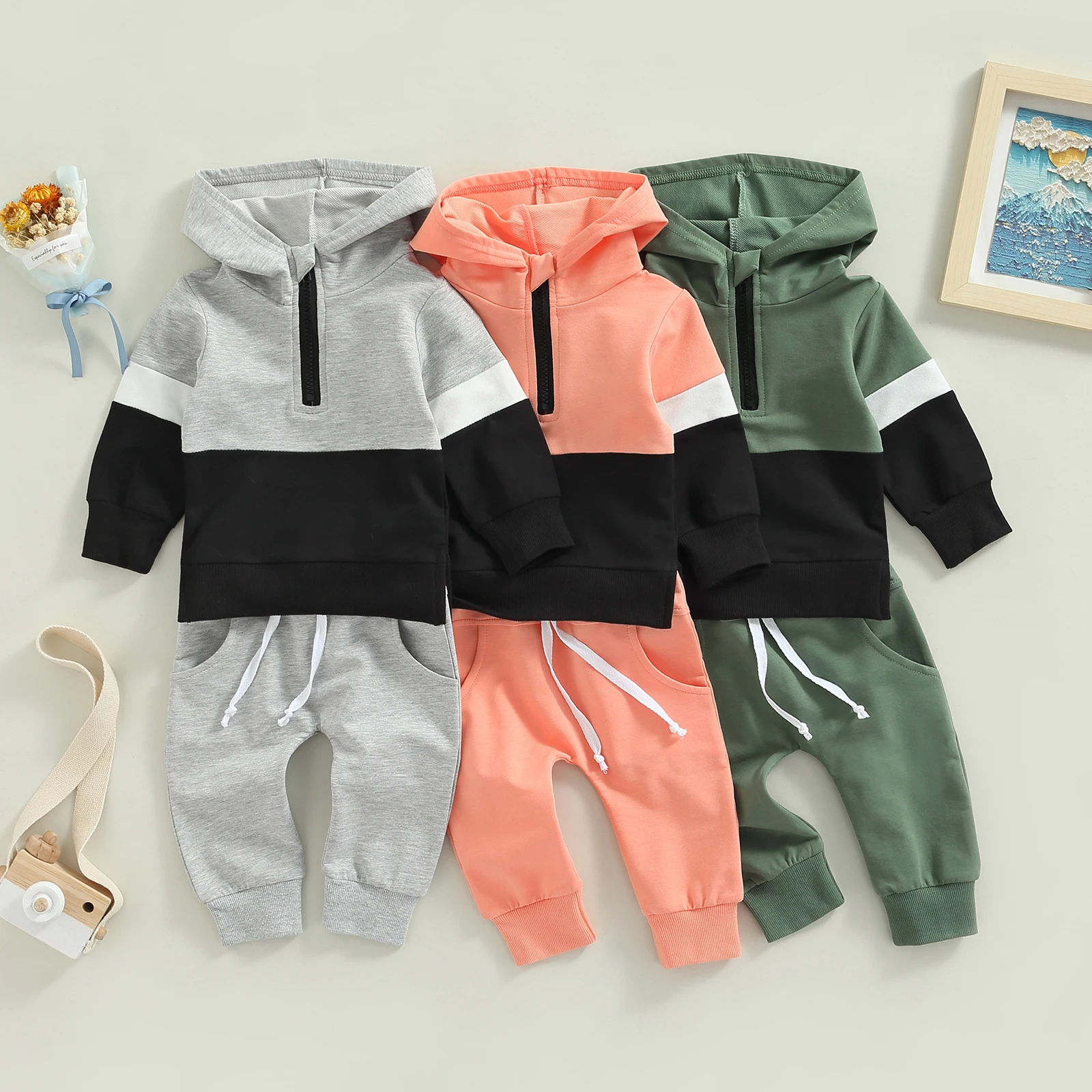 

2022-06-21 Lioraitiin 0-3Years Toddler Baby Girl Boy 2Pcs Casual Clothing Set Long Sleeve Hooded Pathwork Top Long Pants