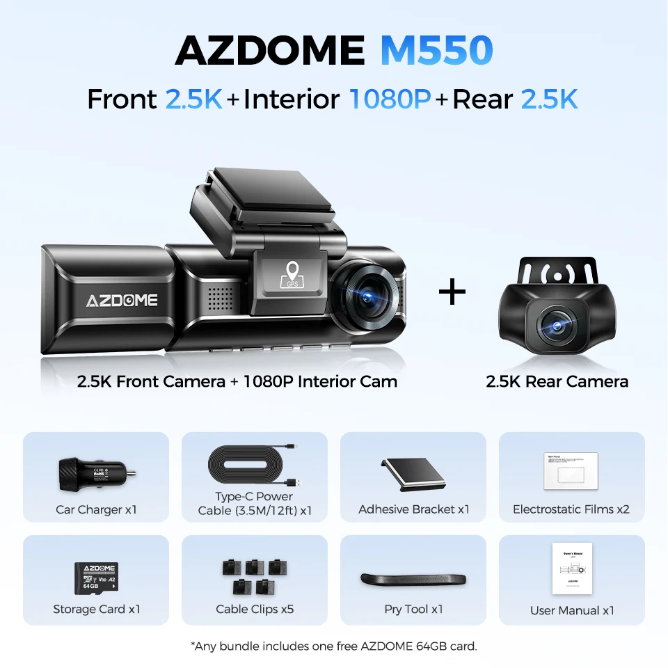 

AZDOME M550 3 канальный видеорегистратор, передняя внутренняя задняя трехполосная автомобильная камера, 4K + 1080P двухканальный, с GPS, WiFi, ИК Ночное Видение