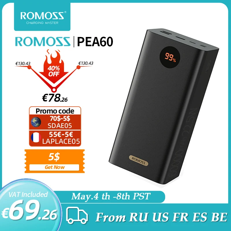 ROMOSS PEA60 Power Bank 60000mAh 22.5W SCP PD QC 3.0 Fast Charge External Battery Portable Charger Powerbank For Xiaomi IPHONE