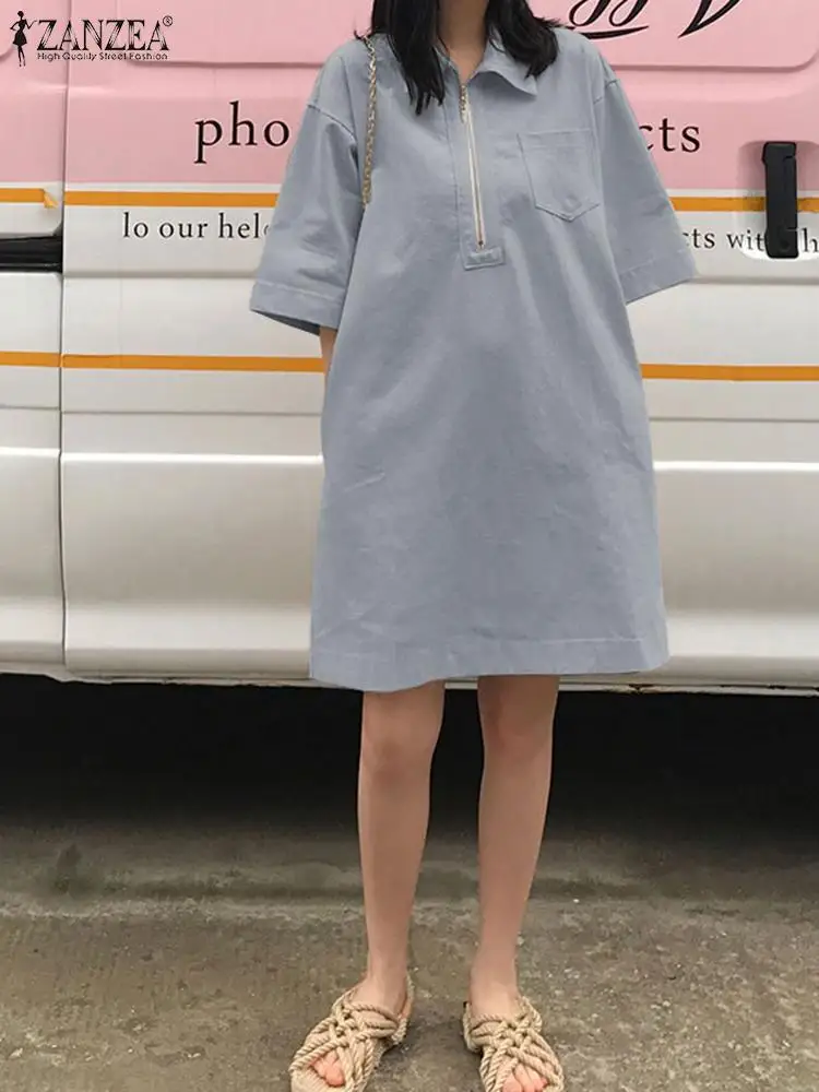 

Lady Zipper Up H Line Dresses Oversized ZANZEA Casual Solid Vetsidos 2022 Fashion Half Sleeve Knee Robe Women Summer Shirt Dress