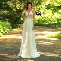 bohemian chiffon floor length bridal dresses for bride a line cap sleeve applique v neck sleeveless simple wedding gown zipper