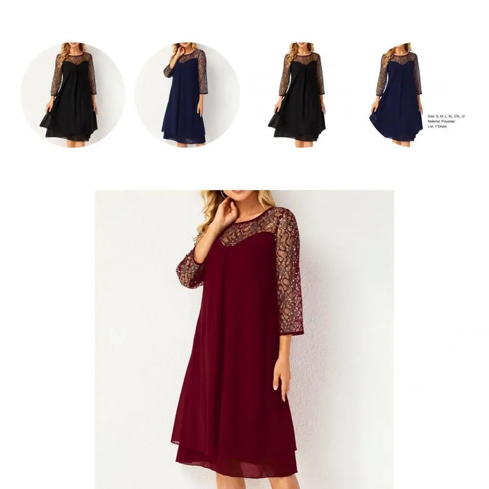 

Popular Party Dress See Through Female Knee Length Dress O Neck Chiffon Dress