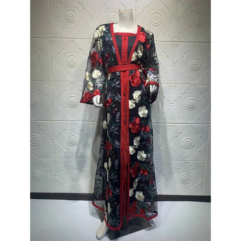 Middle East Dubai Embroidered Lace Mesh Lace Two-piece Sets Noble Dress Muslim Fashion Robe Femme Musulmane Abaya Turkey Dubai