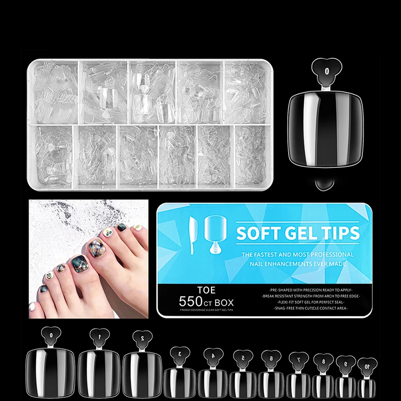 550 Pcs Full Cover Fake Toenail Ultra Thin Clear Press On Toe Foot Nails Soft Gel Tips Acrylic False Nail Art Manicure Tool