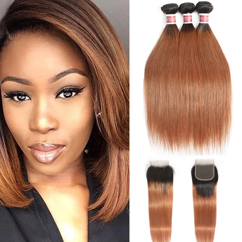 

1b/30 Brazilian Human Hair 3 Bundles With Lace Closure Ombre Brown Straight Bundles With Lace Closure 4x4 1b/27 Hair Euphoria