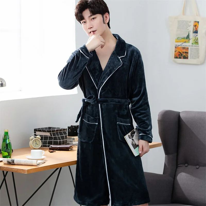 Winter Casual Belt Nightgown For Men Solid Color Flannel Nightdress Men's V-Neck Full Sleeve Nightwear 2022 Fashion Homewear