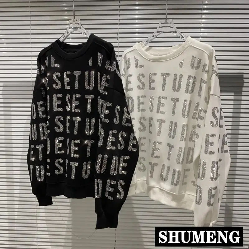 

2021 Autumn New Letter Rhinestone Hoodies Hot Drilling Pattern Round Neck Long-Sleeved Sweatshirt Cool Pullover Top Women Shirts