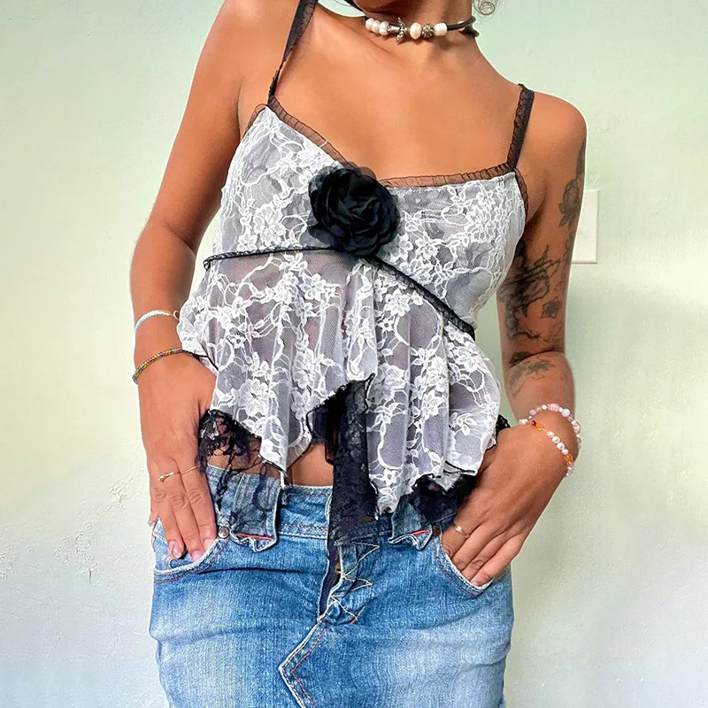 Женский Кружевной укороченный топ на бретельках с открытой спиной