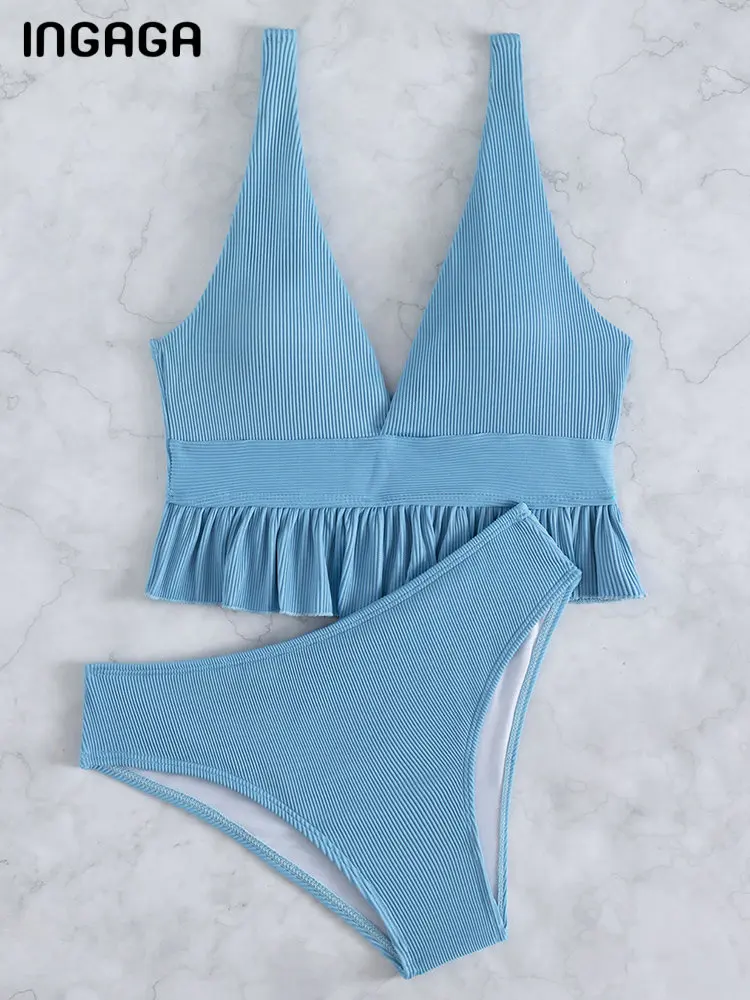 

INGAGA Sexy Bikini Ribbed Women's Swimsuits Ruffle Swimwear Patchwork Biquini Solid V-neck Bathing Suits 2022 New Beachwear