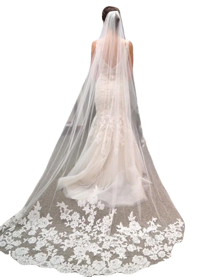 

New Lace Edge Long Cathedral Wedding Veil with Comb for Bride Bridal Veils Accessories Vail velos de Novia