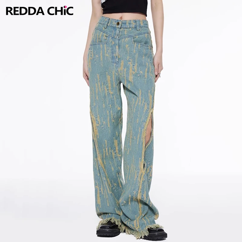 

Винтажные потертые мешковатые джинсы ReddaChic в стиле 90-х, женские брюки с широкими штанинами, рваные потертые брюки с необработанными краями, Y2k, в эстетике, одежда для гранжа
