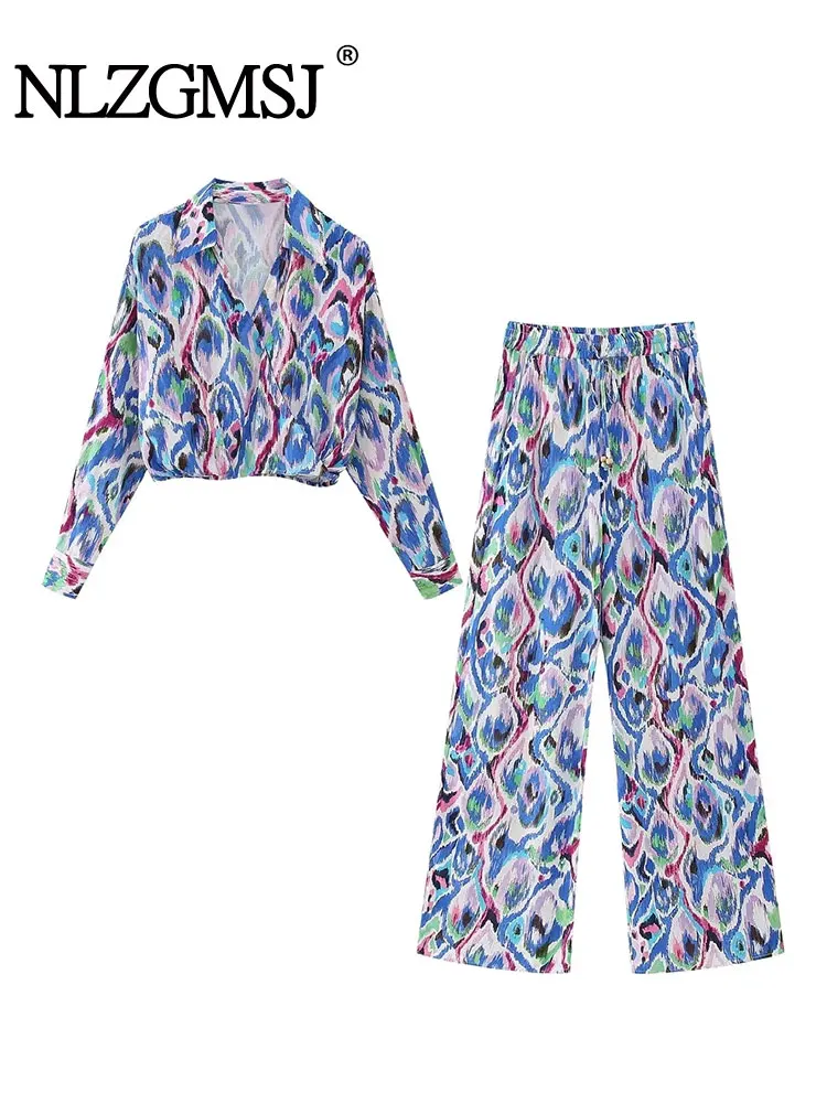 

Nlzgmsj -Женский костюм для отпуска , повседневный костюм с принтом, летняя Свободная рубашка с коротким рукавом, Длинный топ, женские брюки до щиколотки, комплект из 2 предметов, 2023