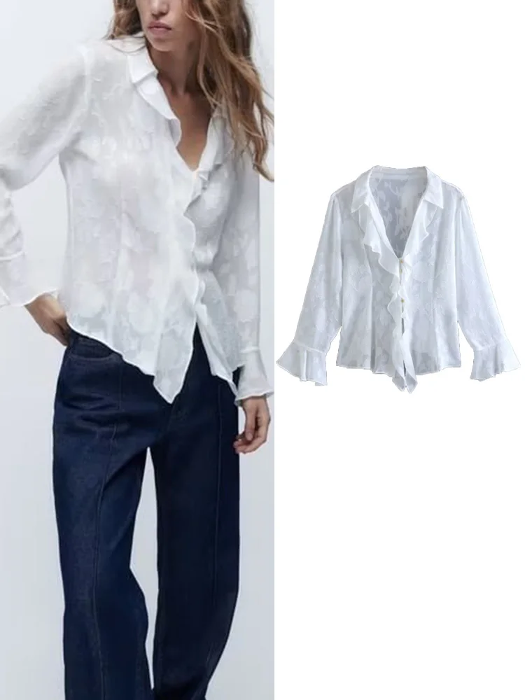 

Женская жаккардовая блузка с оборками, V-образным вырезом и длинным рукавом