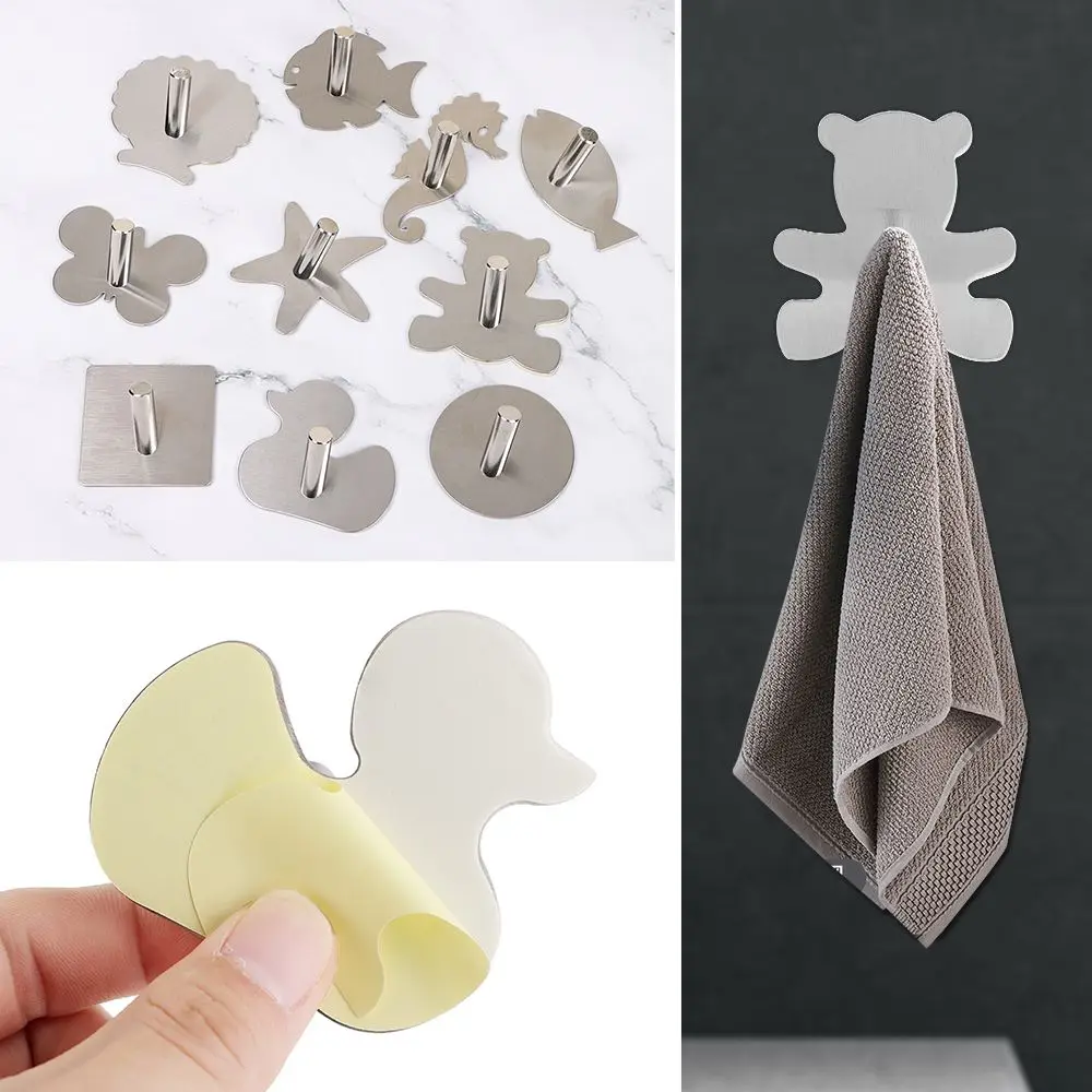 

2PCS Tools Stainless Steel Bathroom Racks Self-Adhesive Towel Hanger Animal Shape Cartoon Wall Hook Punch-Free