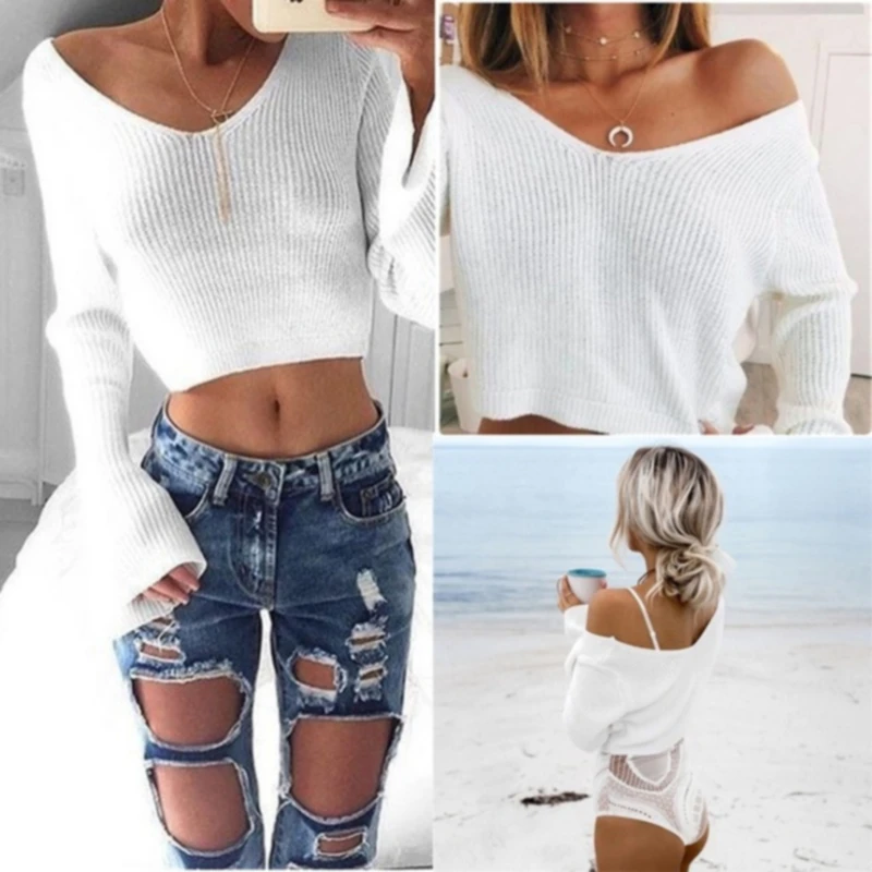

Women's Sexy Sweater Autumn V-neck Long Sleeve Knit Crop Top Off Shoulder Jumper Solid Short Sweaters Pullover Tshirt Streetwear