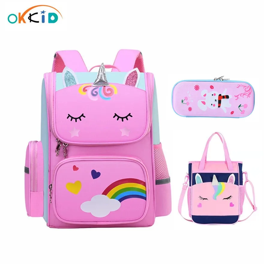 OKKID elementary school bags for girls 6-12 years kids handbag cute 3D cartoon school backpack student book bag pen pencil bag