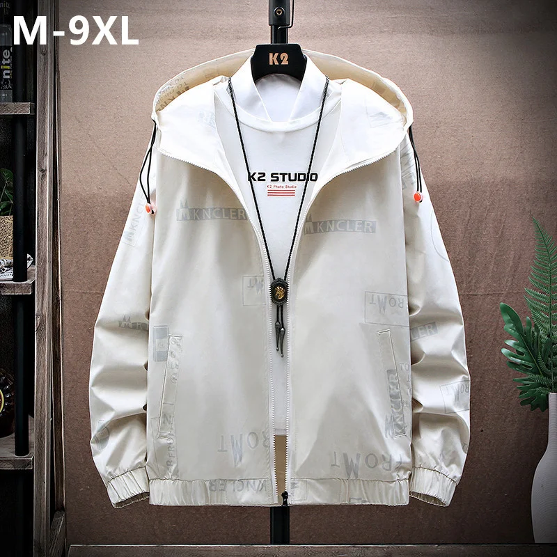 

Loose 9XL Jackets For Men Hooded Windbreaker 8XL 7XL Young Plus Size Puber Black Autumn White Pattern Streetwear Male Big Coats
