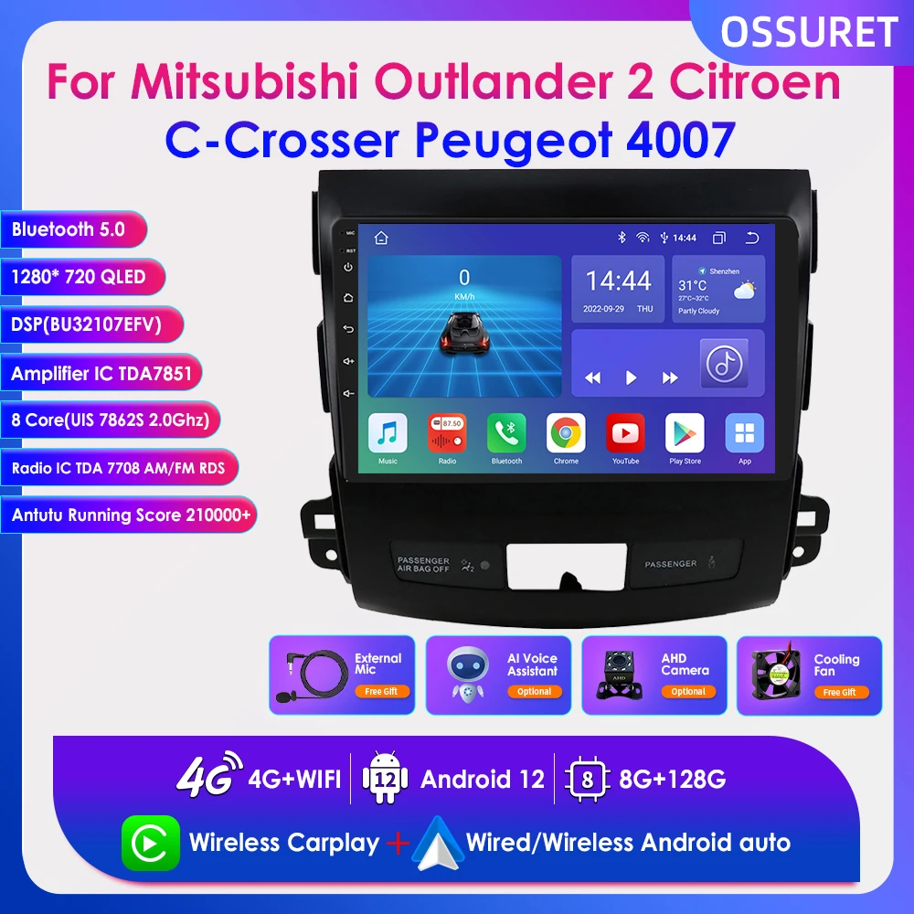 

2 Din 9'' 8 Core Carplay for Mitsubishi Outlander 2 Citroen C-Crosser Peugeot 4007 Android 12 GPS Navi Bluetooth 4G SWC RDS DSP