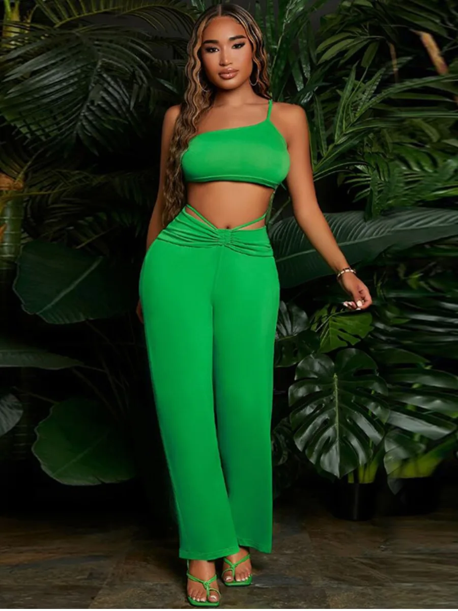 

LW Two Piece One Shoulder Crop Top Drawstring Set Casual Lace-up Solid Stretchy Daily TOPS+PANTS Matching Outfits